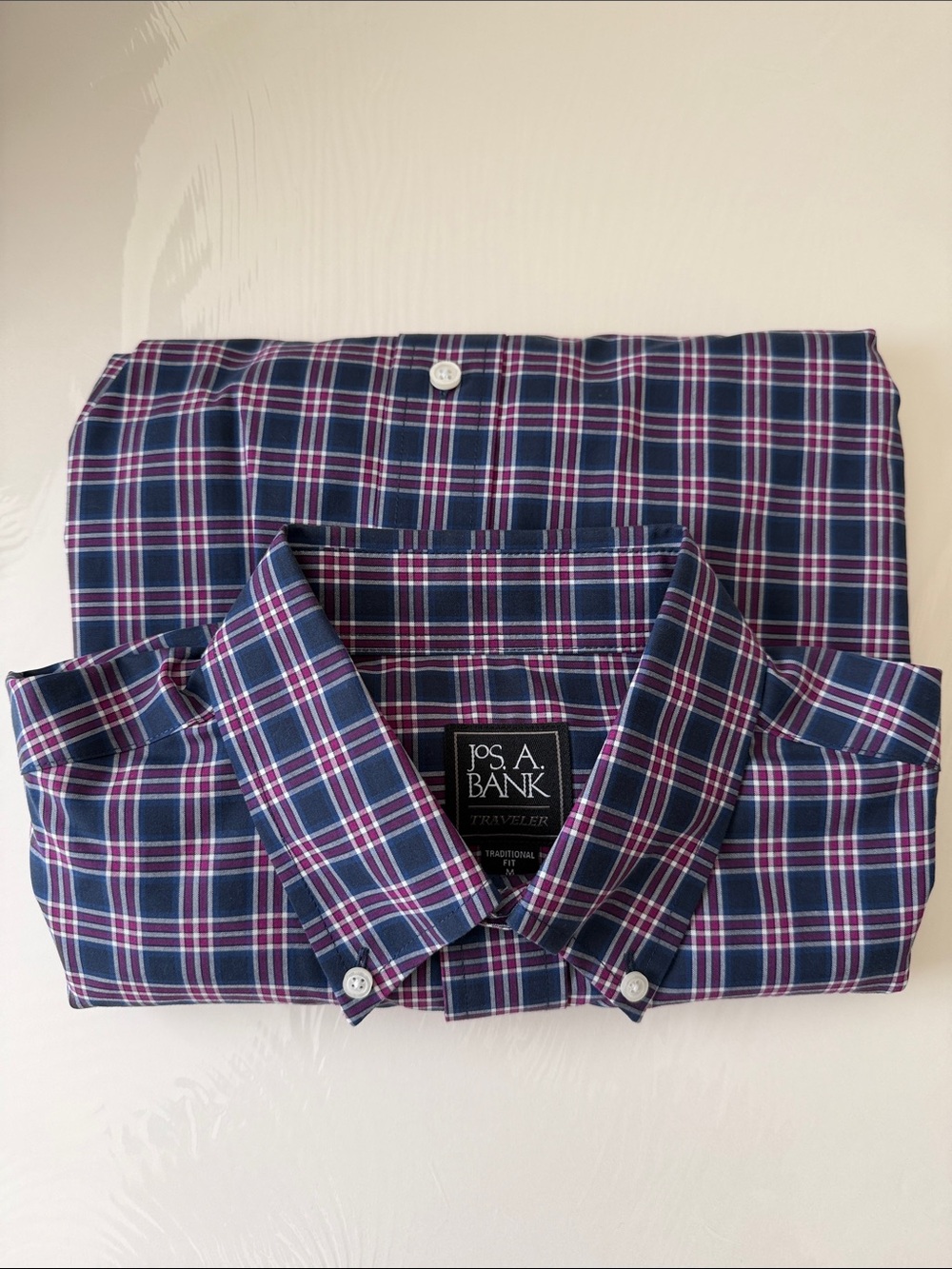 Jos. A. Bank Navy & Burgundy Plaid Casual Button-Down Shirt